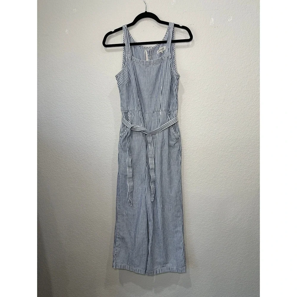 Madewell‎ Blue White Striped Sleeveless Wide Leg Jumpsuit Size 6 Belted Pockets
